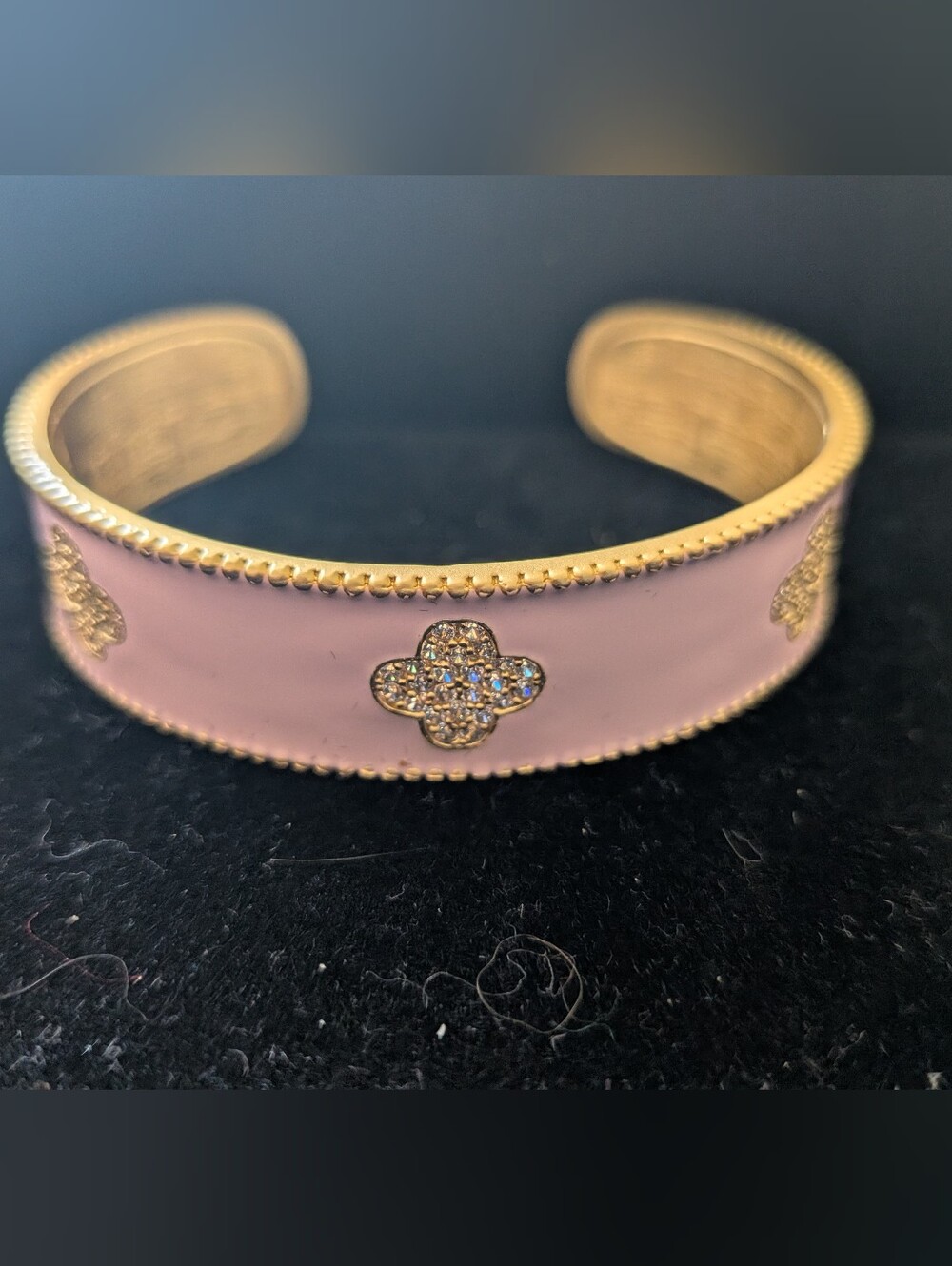 Gold-Tone Pink Enamel Cuff Bracelet with Crystal Clover Accents